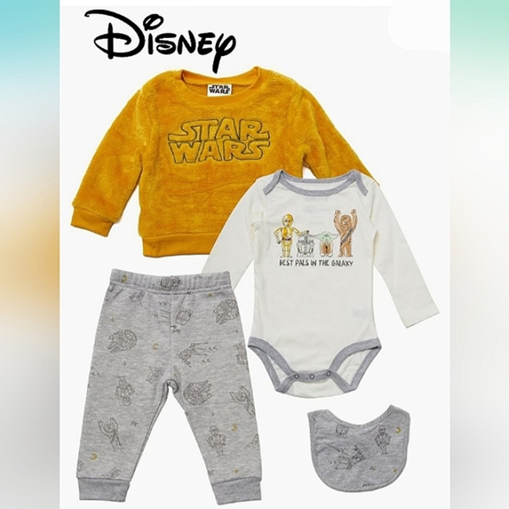 DISNEY Star Wars 4pc Baby Sweatshirt Onesie Jogging Pants Bib Infant Set NWT